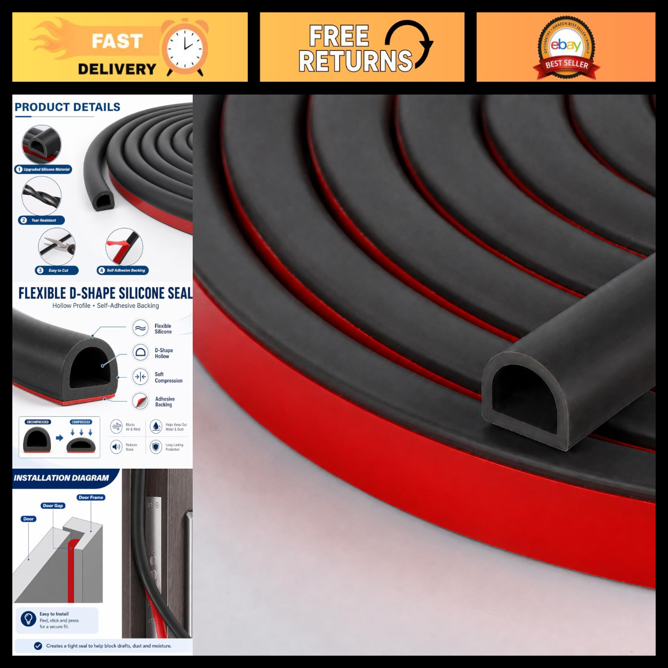 20FT Silicone Weather Stripping Door Seal, 0.6 x 0.5 Inch, Black