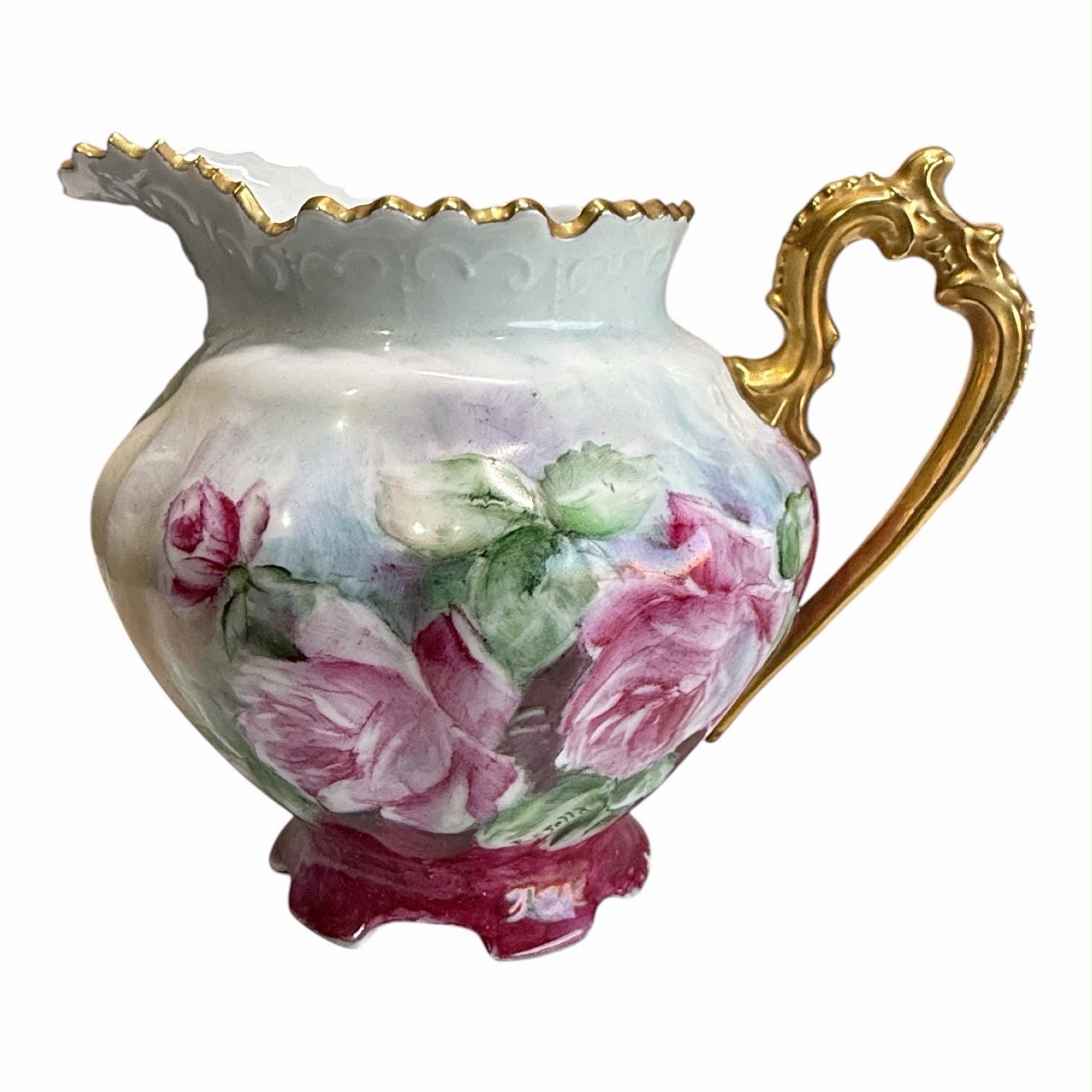 Vintage Hand Painted Porcelain Pitcher Pink Roses Gold Trim Ornate Handle 8”