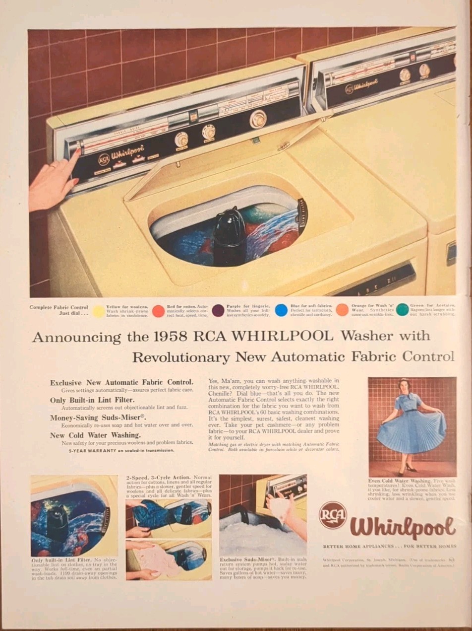 1957 vintage RCA Whirlpool Yellow Washing Machine, Classic 50's Print Ad