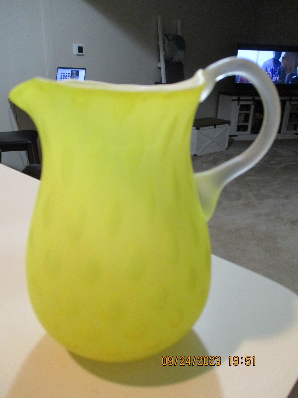 Vintage  blown Glass Pitcher Controlled Bubble Yellow Cased