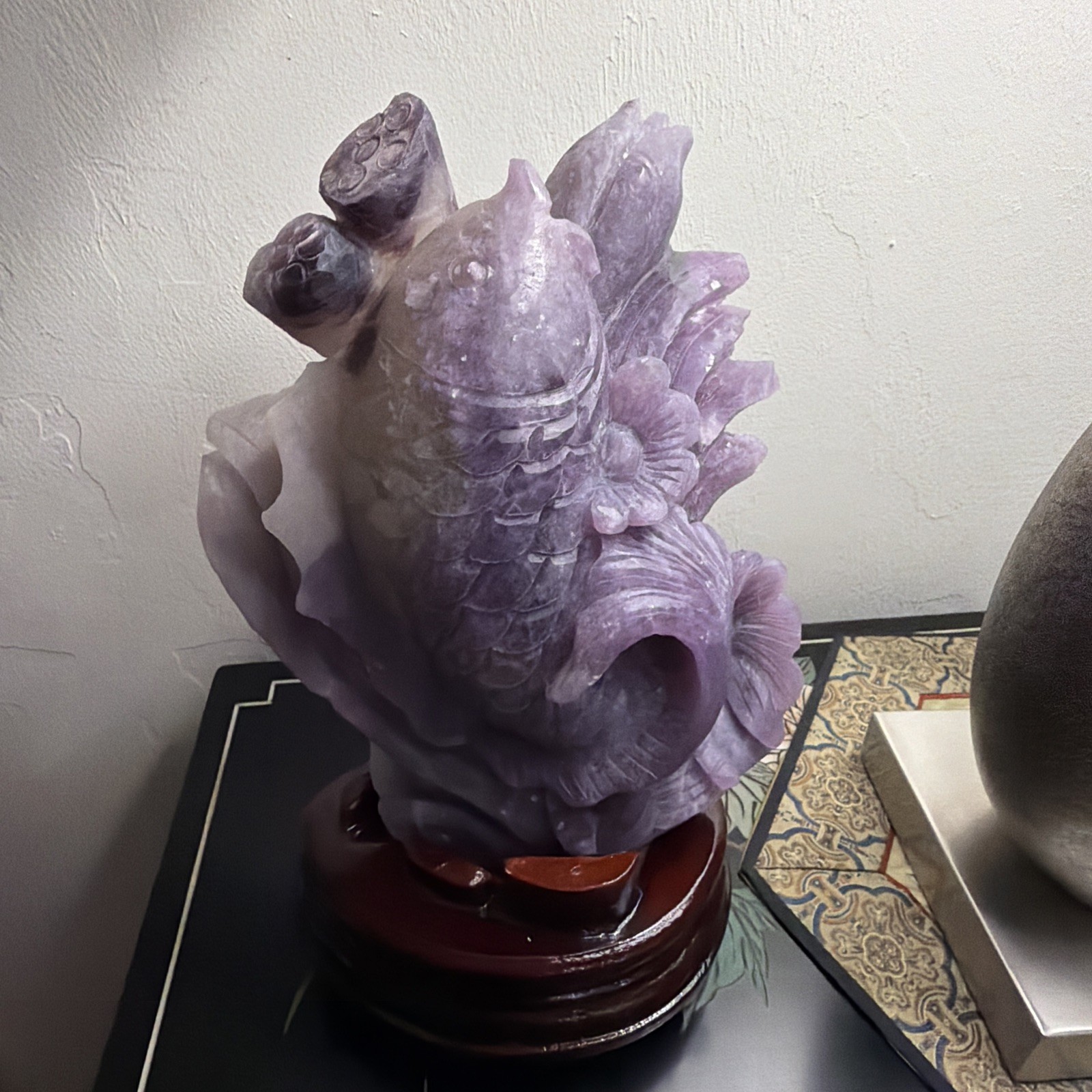 5.17LB Natural Purple Lepidolite quart Quartz Crystal Carved goldfish Reiki Gift