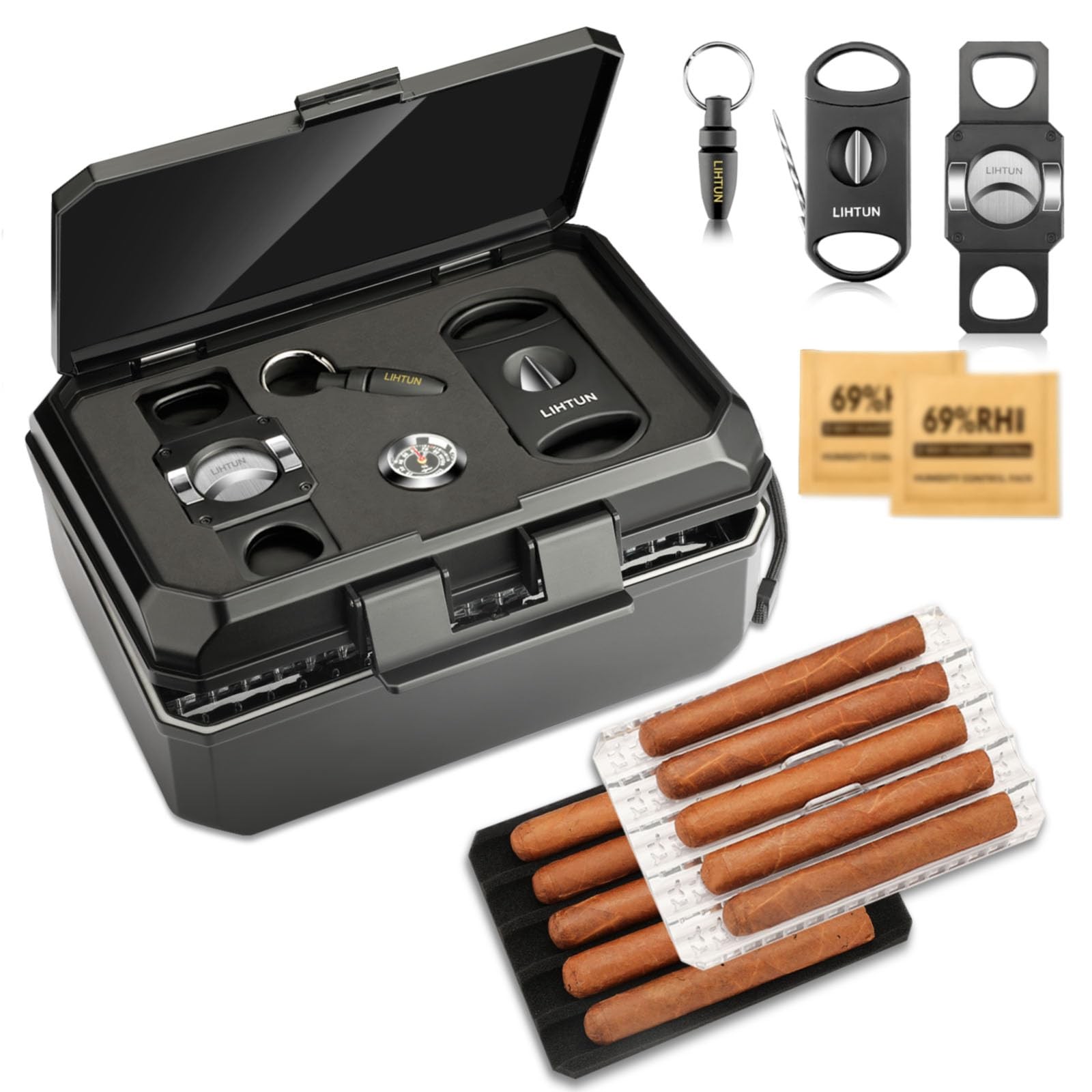 LIHTUN Travel Humidor Box and Cigar Accessories Set, Portable Black-1 LIHTUN Travel Humidor Box and Cigar Accessories Set, Portable Black-1