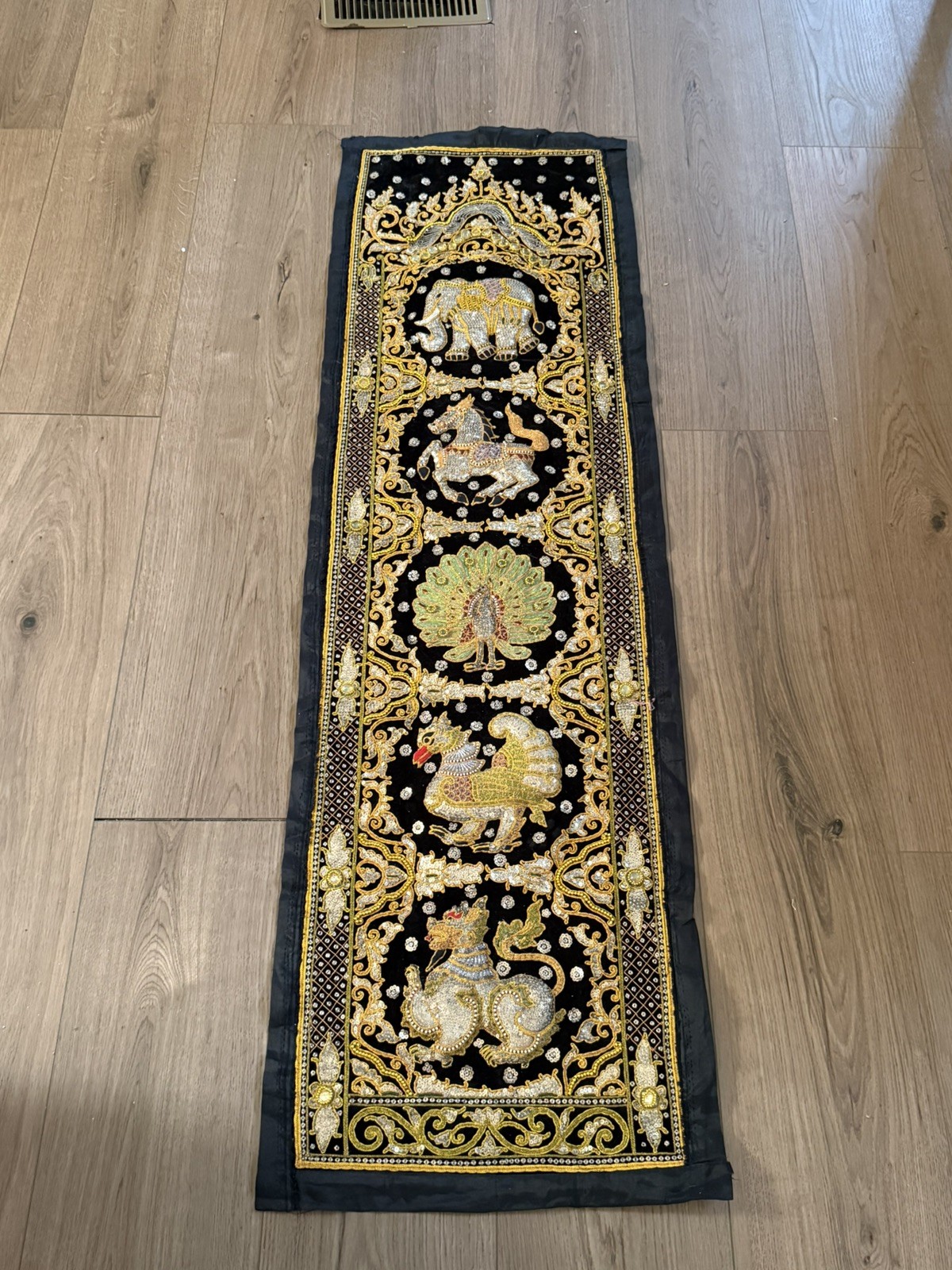 Thai elephants Burmese vintage tapestry embroidered beads wall hanging 