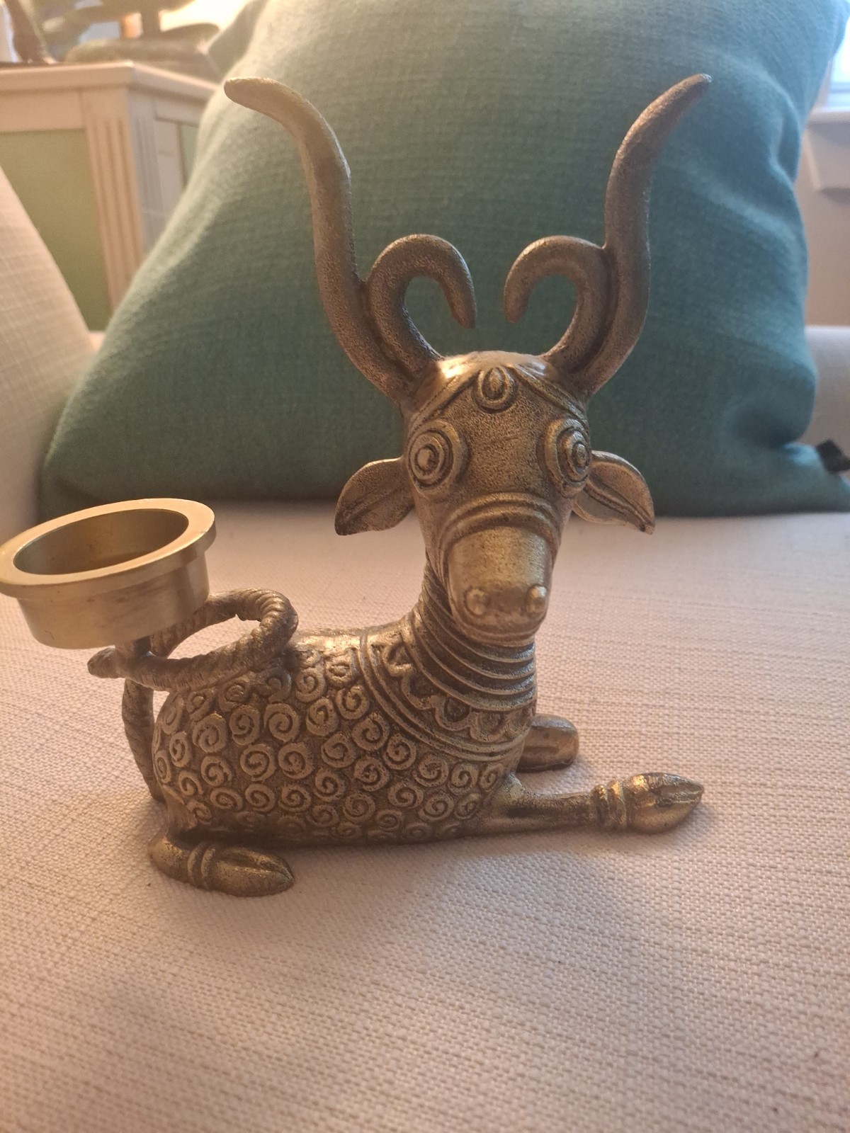Dhokra Dokra Indian Art Deer Laying Down Candle Stand Holder Brass Metal