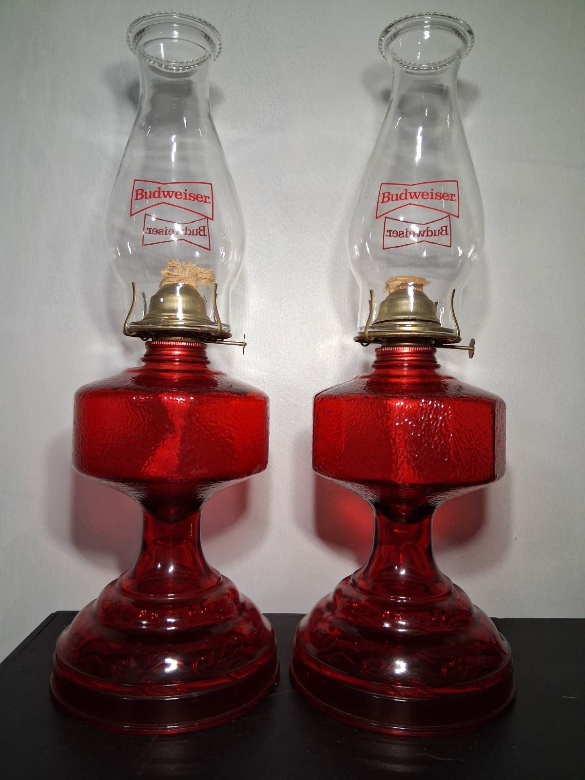 Vintage Pair Budweiser Beer Ruby Red Glass Kerosene Oil Lamp
