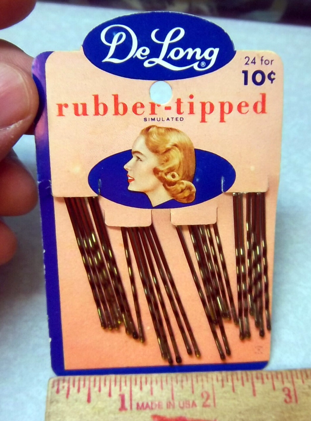 Vintage DeLong Hair Pins - New Old Stock rubber tipped 24 on new old stock card