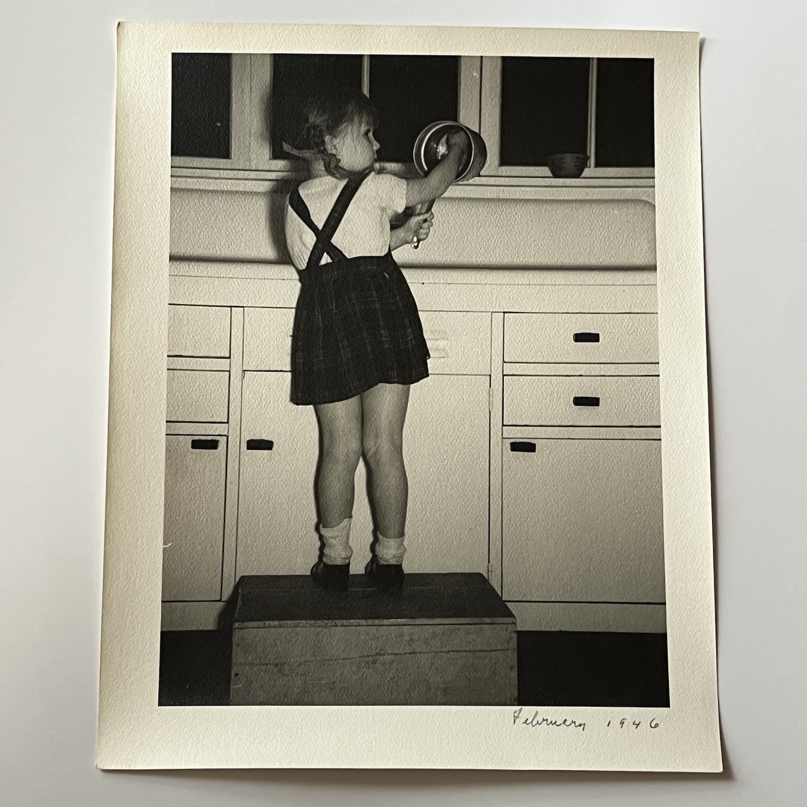 Vintage Photograph Adorable Little Girl Standing On Box Washing Dishes 1940s