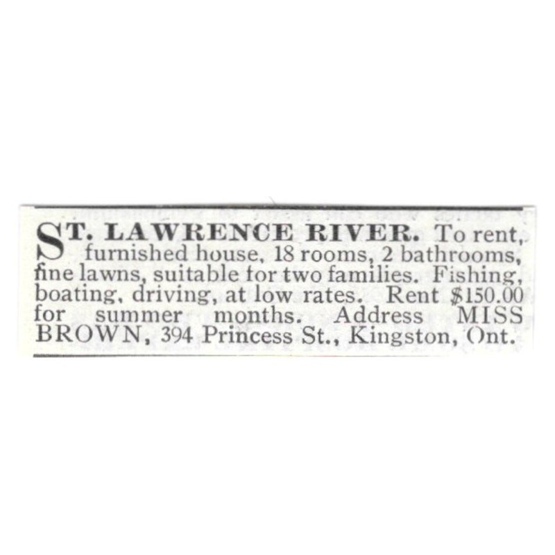 St. Lawrence River 18 Room House Miss Brown Kingston Ontario 1903 Ad AF8-S42