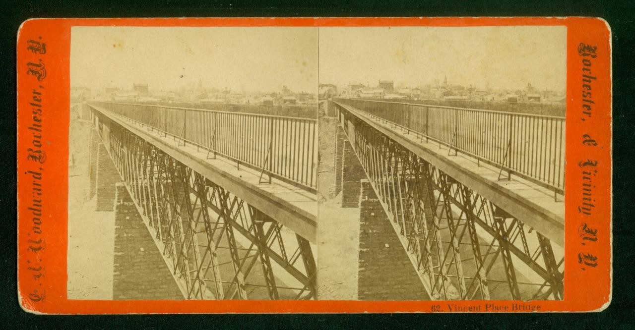 a680, C.W. Woodward Stereoview, #62, Vincent Place Bridge, Rochester, NY, 1870s