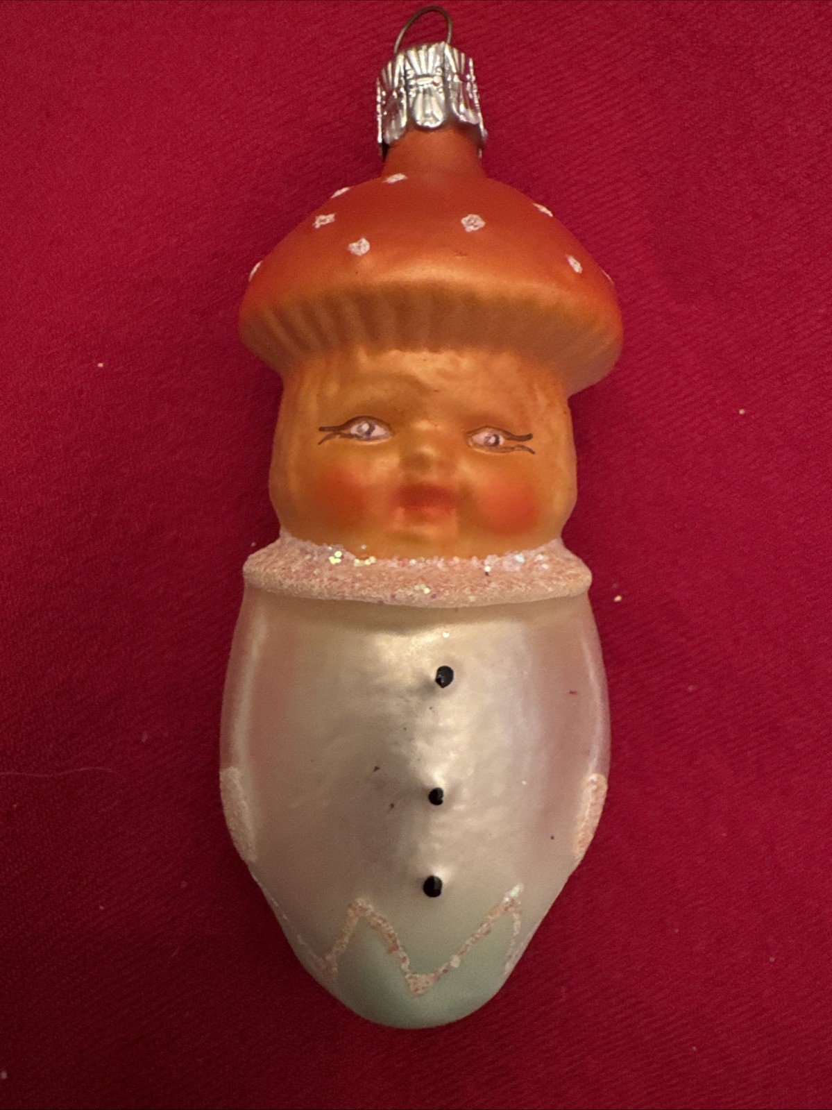 Vintage Mushroom Girl Blown Glass Ornament Christmas Holiday Collectible 4” Long