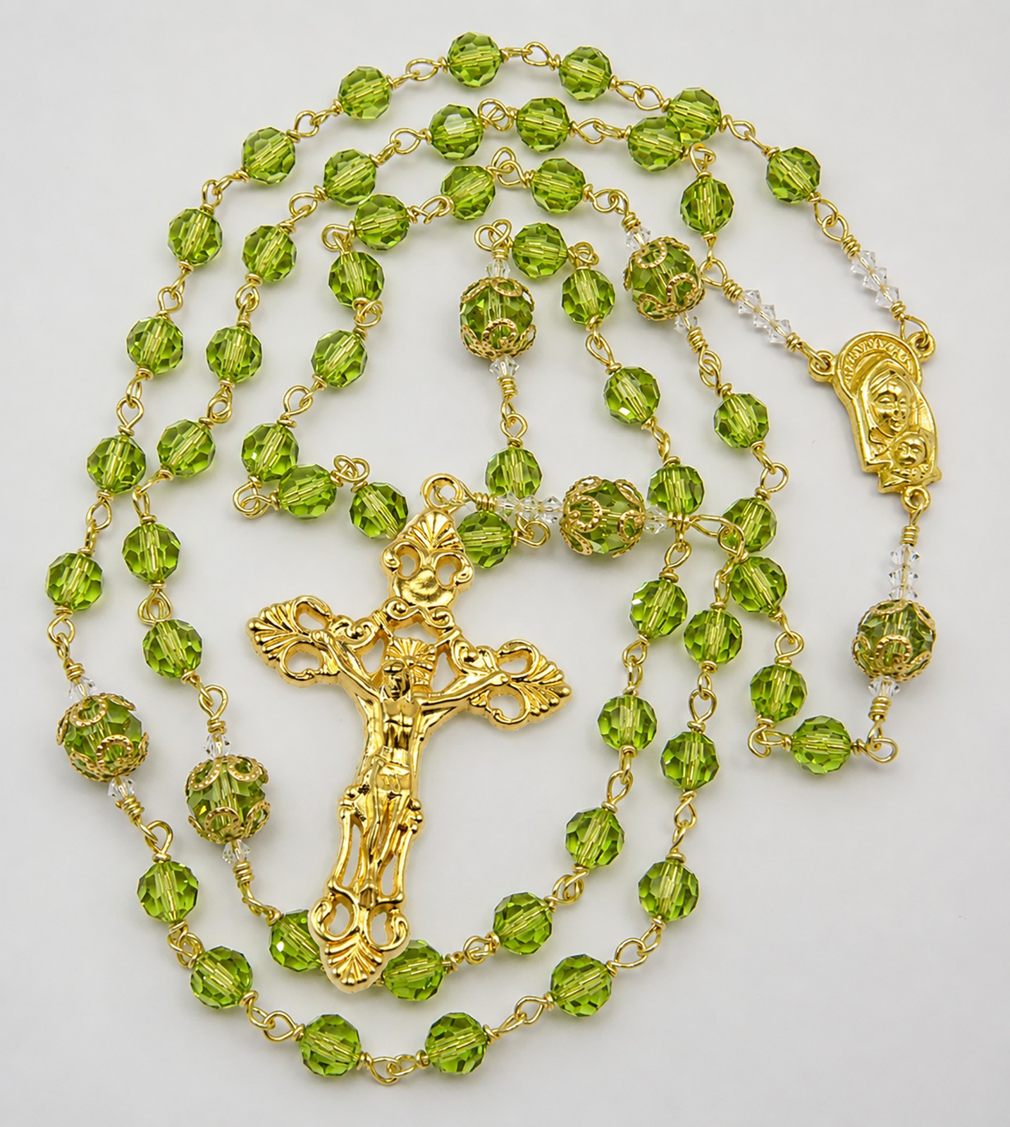 Handmade Unbreakable Catholic Rosary, Peridot Czech Crystals, Gold Tone Crucifix