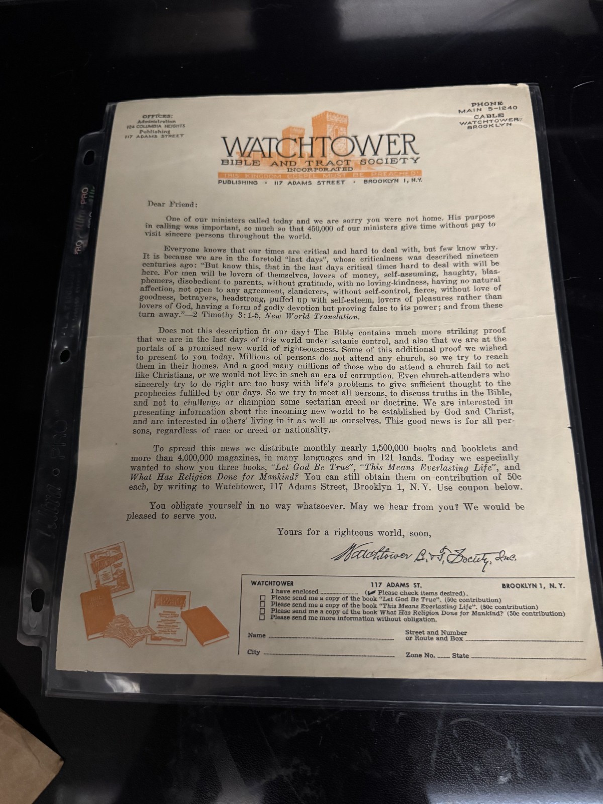 WATCHTOWER LETTER NOT AT HOME