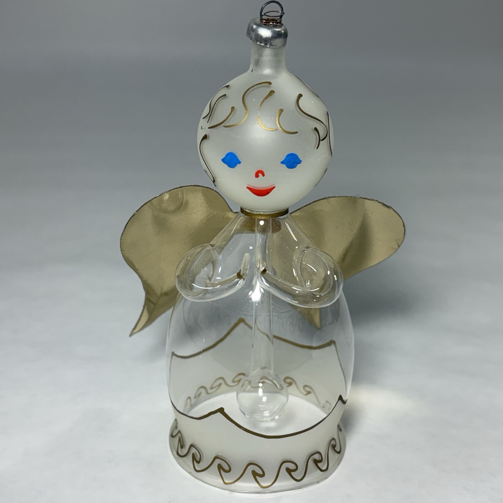 Vintage ITALY MADE  De Carlini Praying Angel Bell Christmas Clear Glass Ornament