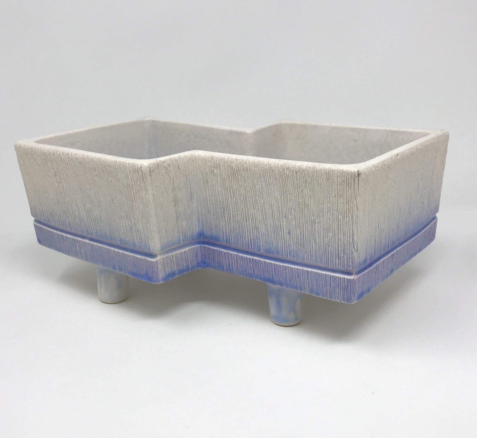 Vintage Ceramic Japanese Suiban Ikebana Vase Geometric Four Legs Label Blue Pink