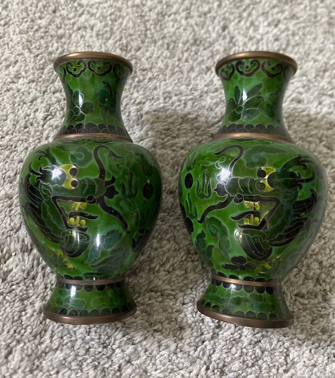 Vtg Cloisonne Dragon Vase Set of 2 6\