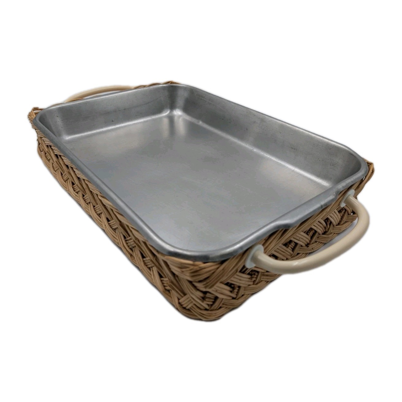 Vtg Vollrath 6427 Stainless Steel Bake Roast Pan Wicker Basket USA 1960s