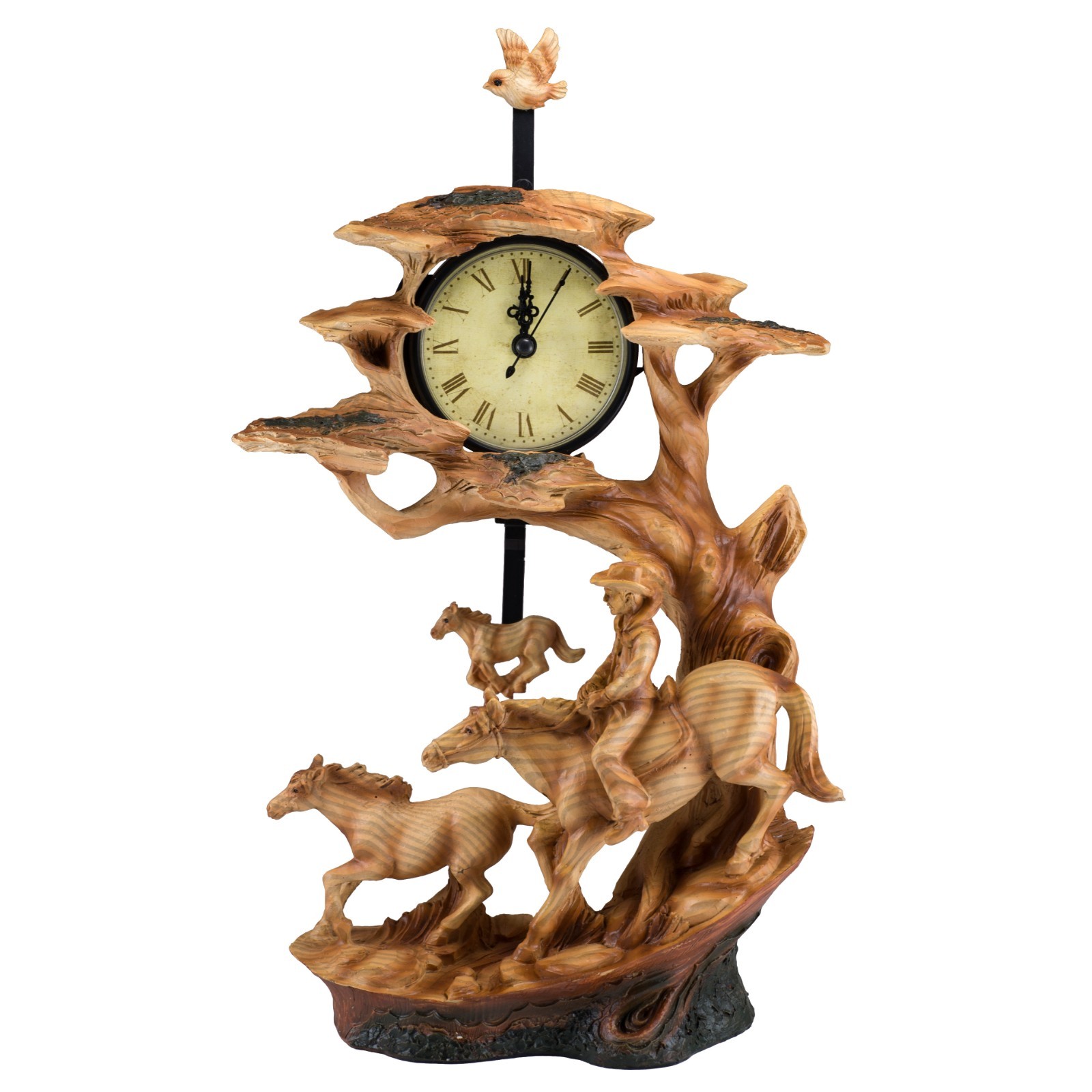 Horses & Cowboy Clock Faux Carved Wood Look Figurine 13.75