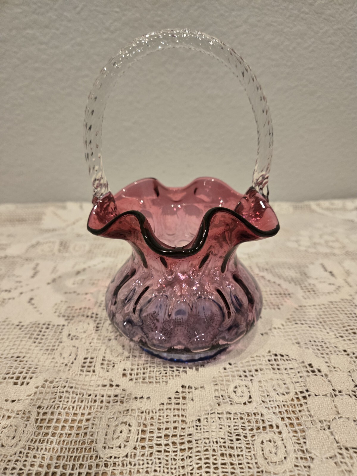 Beautiful Fenton Mulberry Glass Thumbprint Basket 