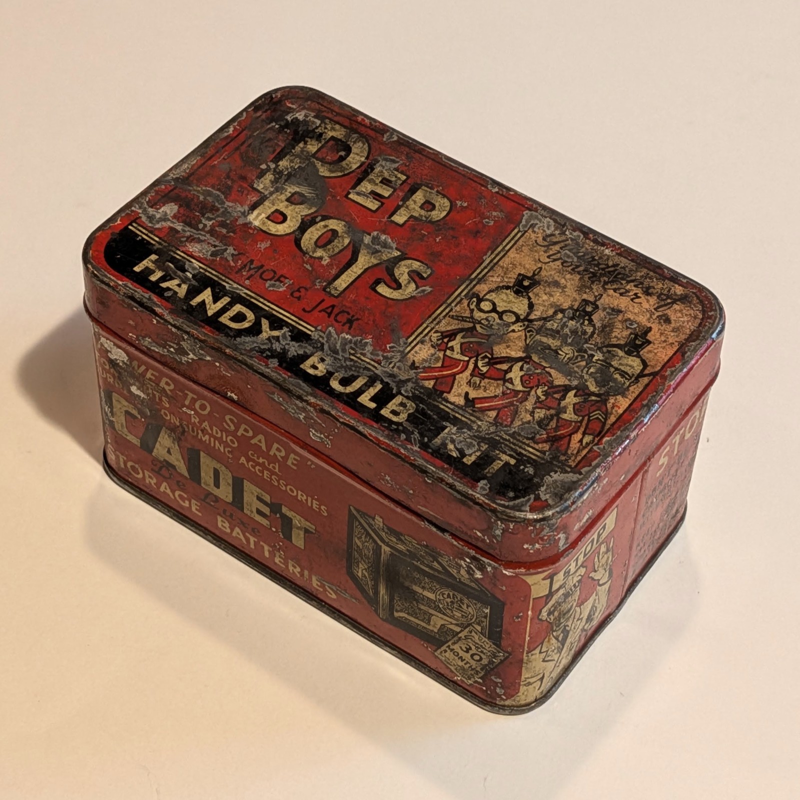 Vintage 1950s Pep Boys Handy Auto Bulb Kit Tin Box Gas & Oil Manny Moe & Jack