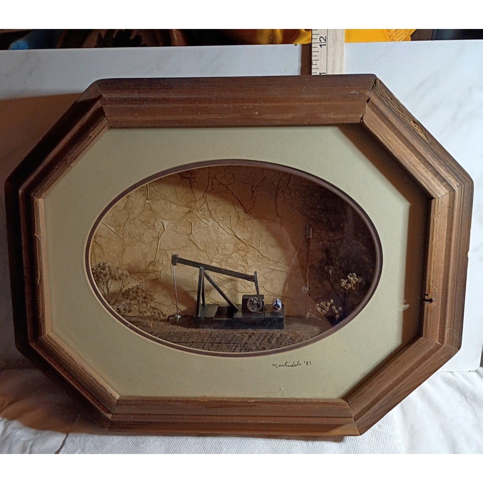 Vtg Martindale 1981 Oil Derrick Pump Jack Shadow Box Diorama Wood Frame 12x9.5