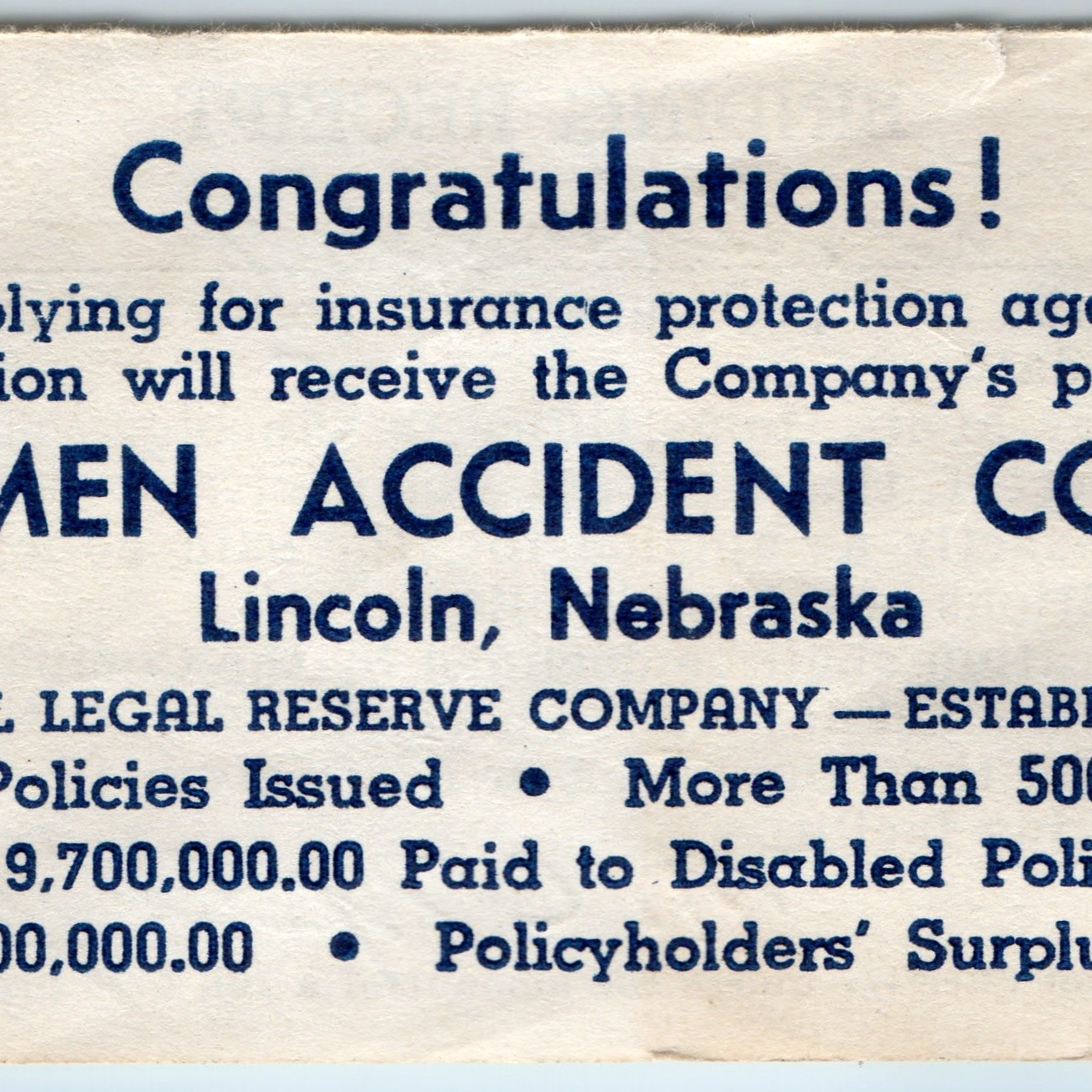 1946 Lincoln Nebraska Woodmen Accident Co Insurance Binding Receipt Document 7W