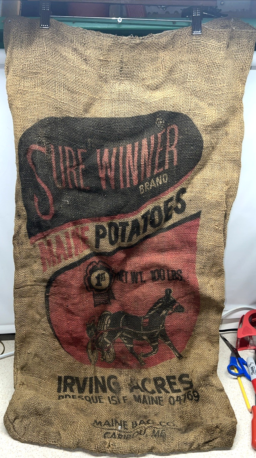 Vtg Sure Winner Maine Potatoes 100lb Burlap Sack Great Graphics