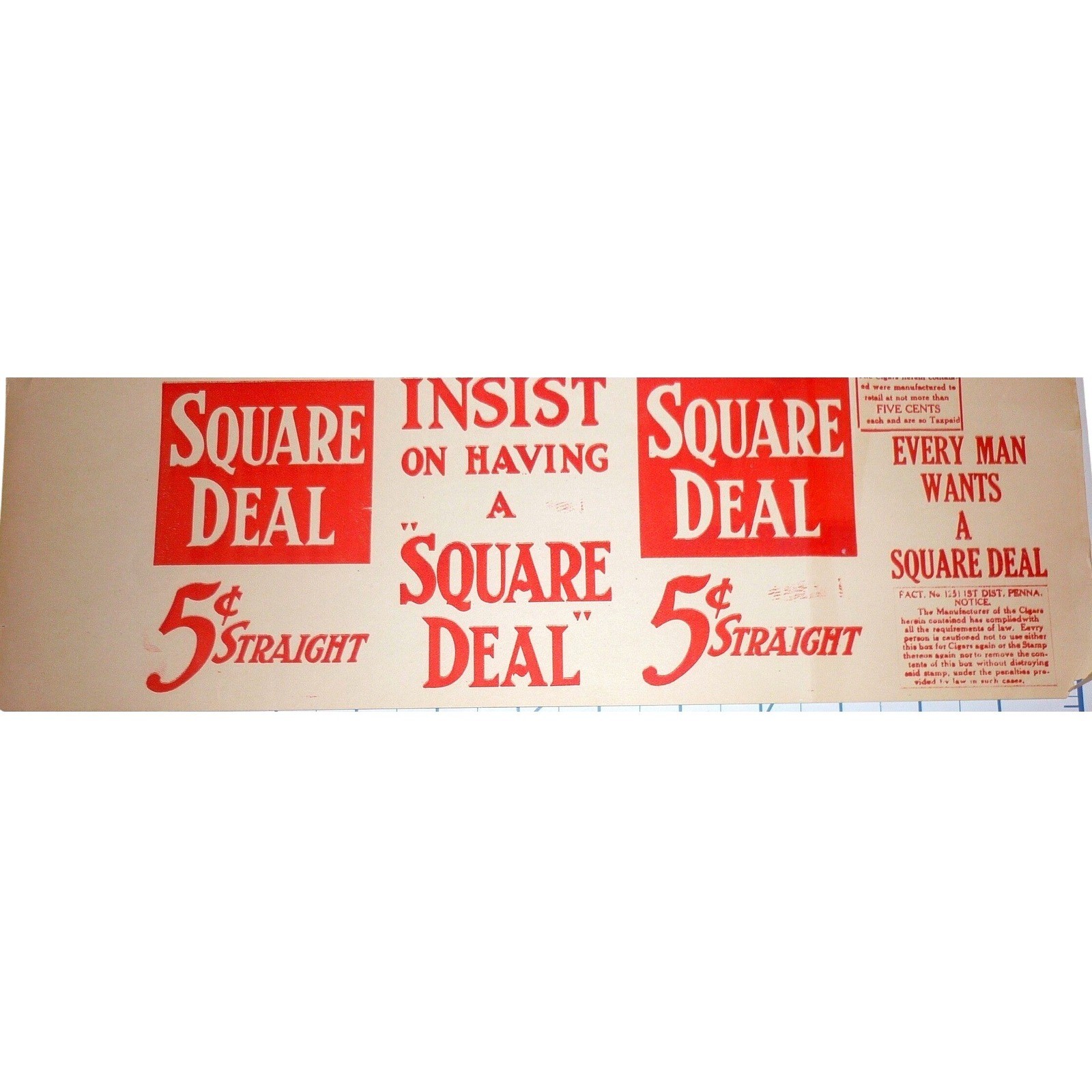 1910s Square Deal 5 Cent Cigar Sign Antique PA Tobacco Advertising Label