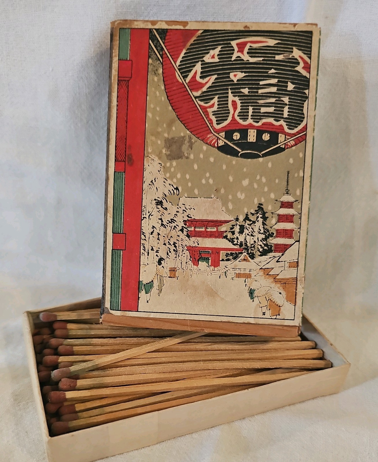 Original Vintage Large Japanese Wood Matchbox Kinryuzan Temple Woodblock Print 
