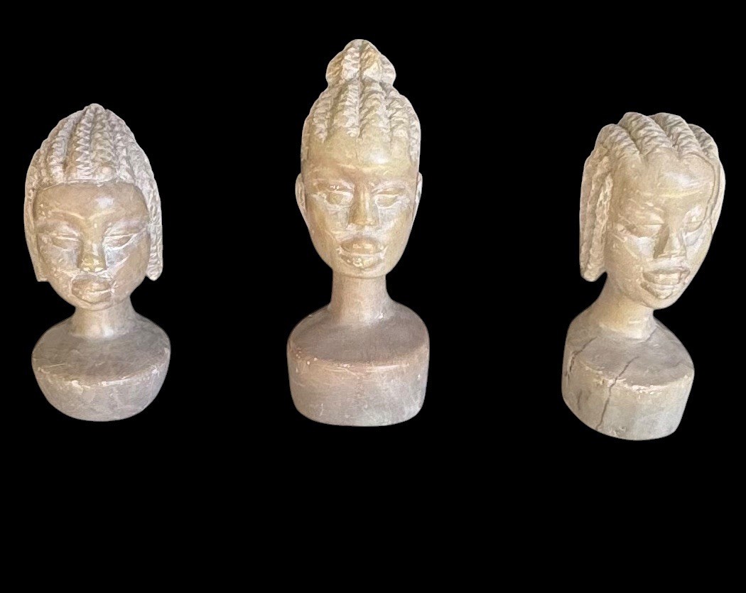 Vintage Hand Carved Stone African Female Bust Sculptures (Set of 3)