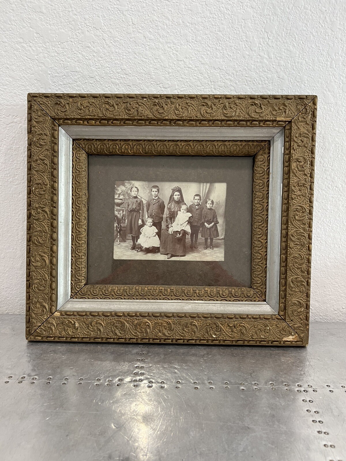 1903 old wooden picture mirror frame dimensions 14 x 15 with mother + children