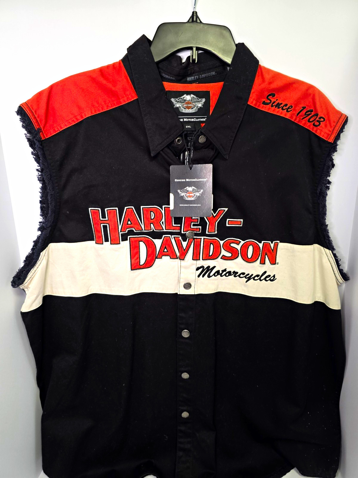Harley-Davidson Since 1903 Sleeveless Snap Front Vest Black/Orange 2XL