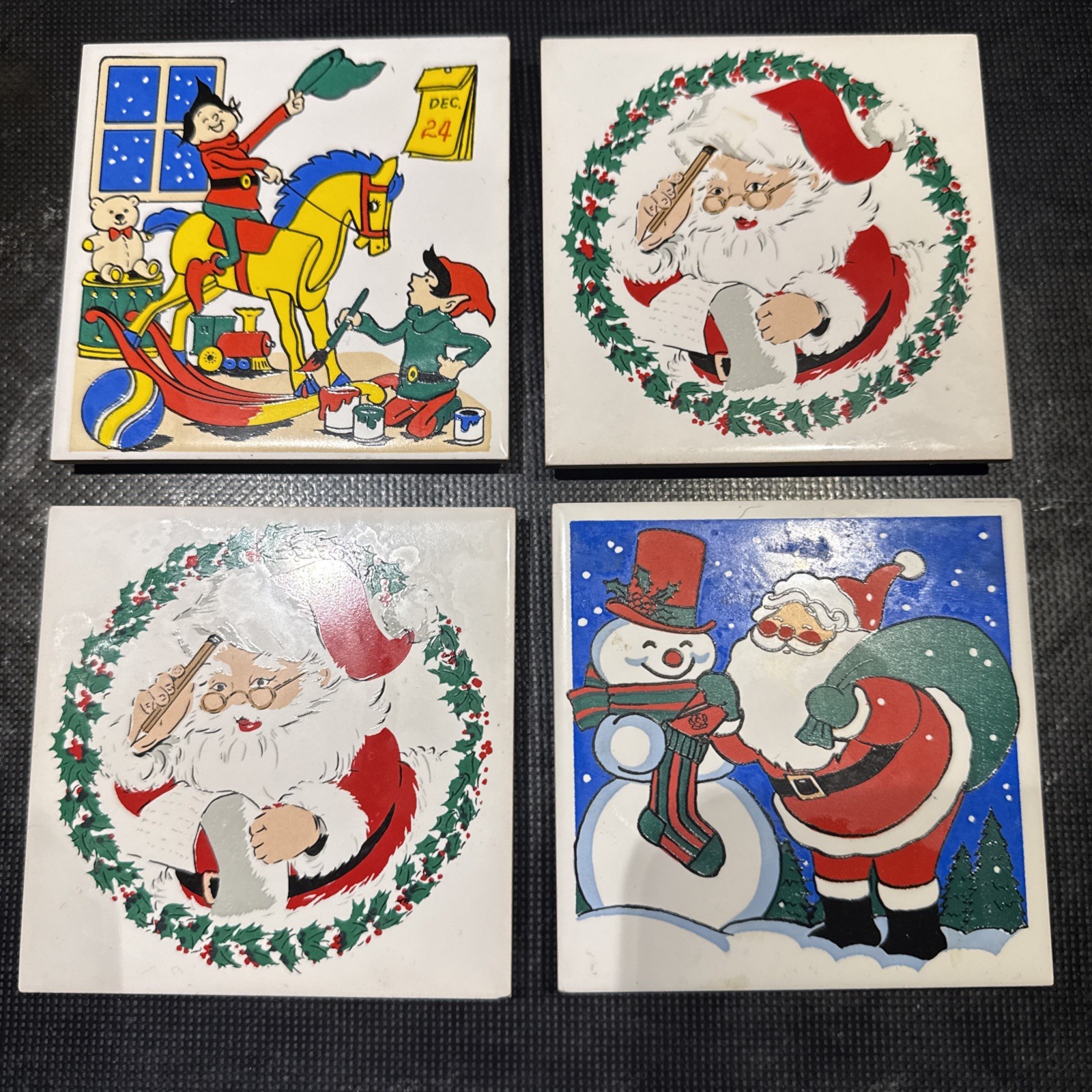 Set Of 4 Vintage Christmas Trivets Hotplates Santa Snowman Elves 1981 Taiwan