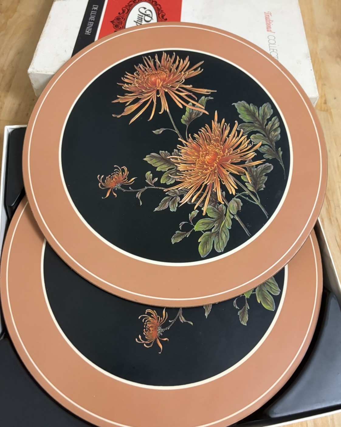 Vintage Pimpernel Round Place Mats Set of 6 Spider Chrysanthemum Floral England