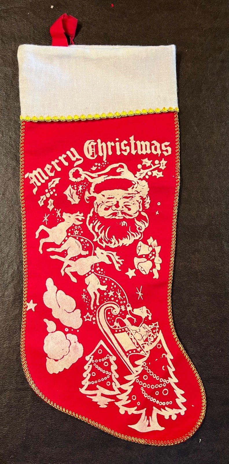 Vtg 1950s 1960s Christmas Stocking Red Flannel Printed Santa/Sleigh Trees etcMCM