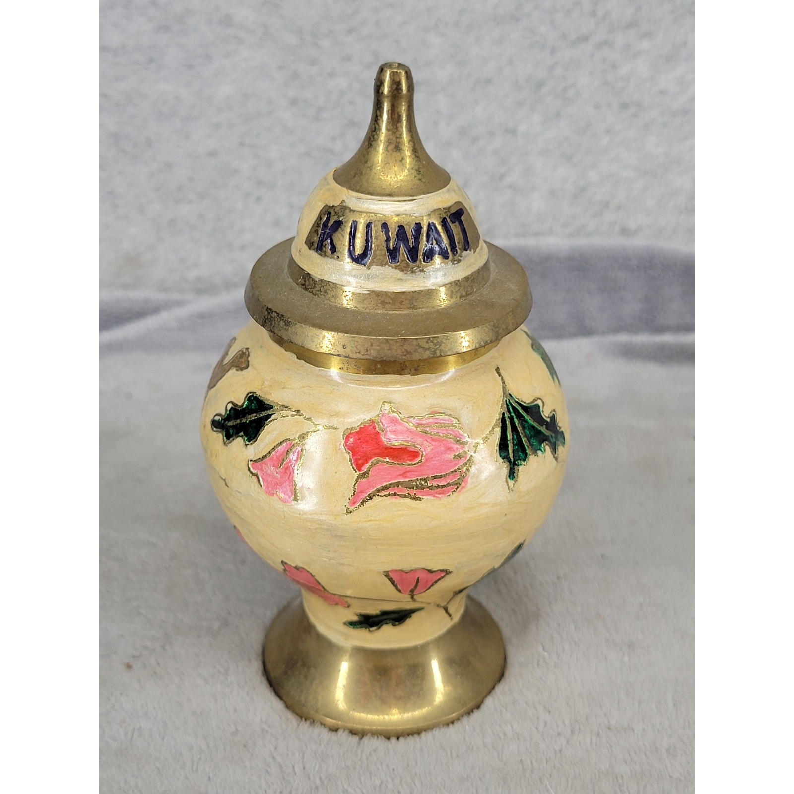 Vintage Kuwait Brass Hand Painted Floral Camel Souvenir Decorative Jar 5.25\