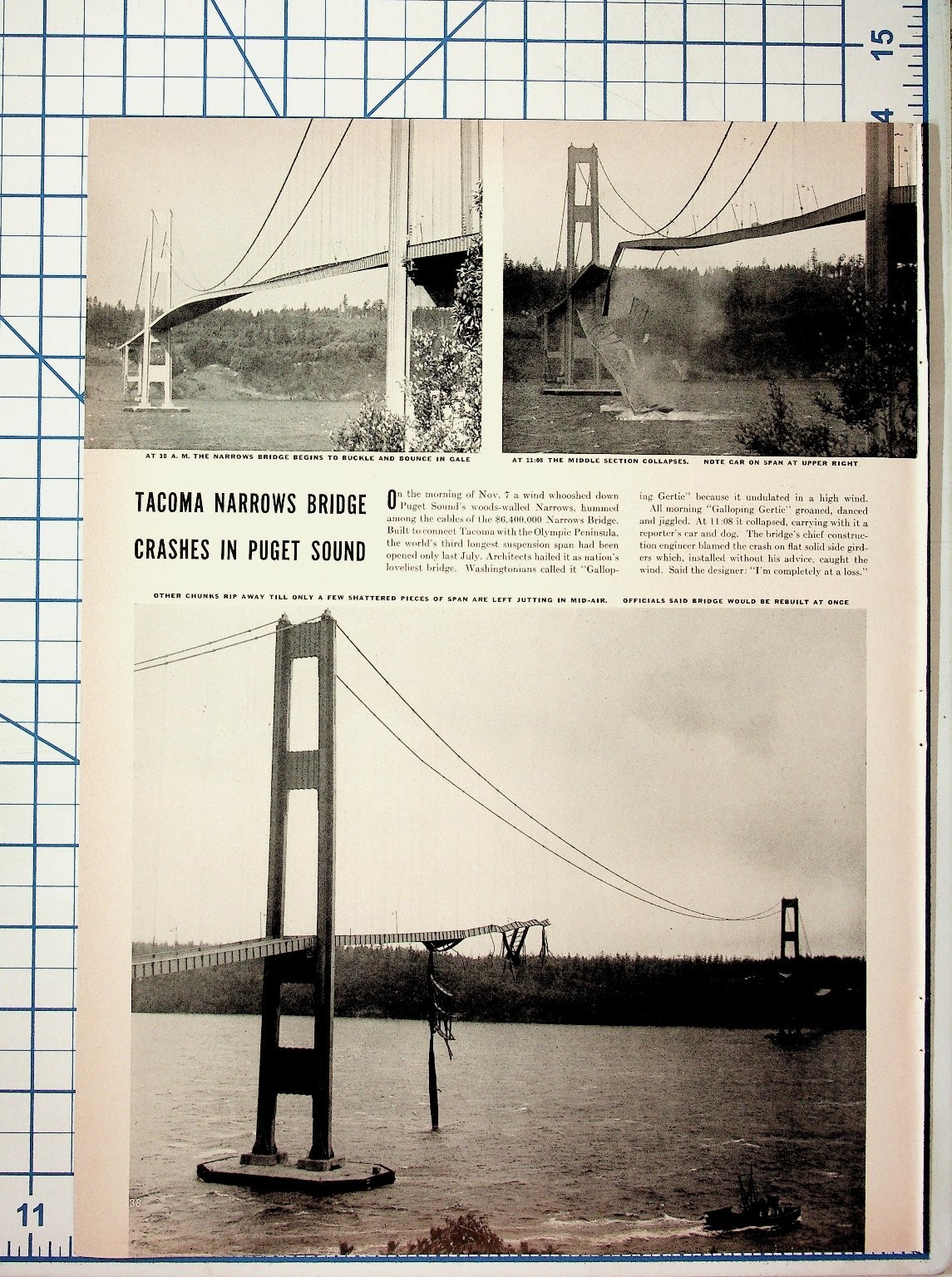 1940 Tacoma Narrows Bridge Collapse News Article Page Galloping Gertie
