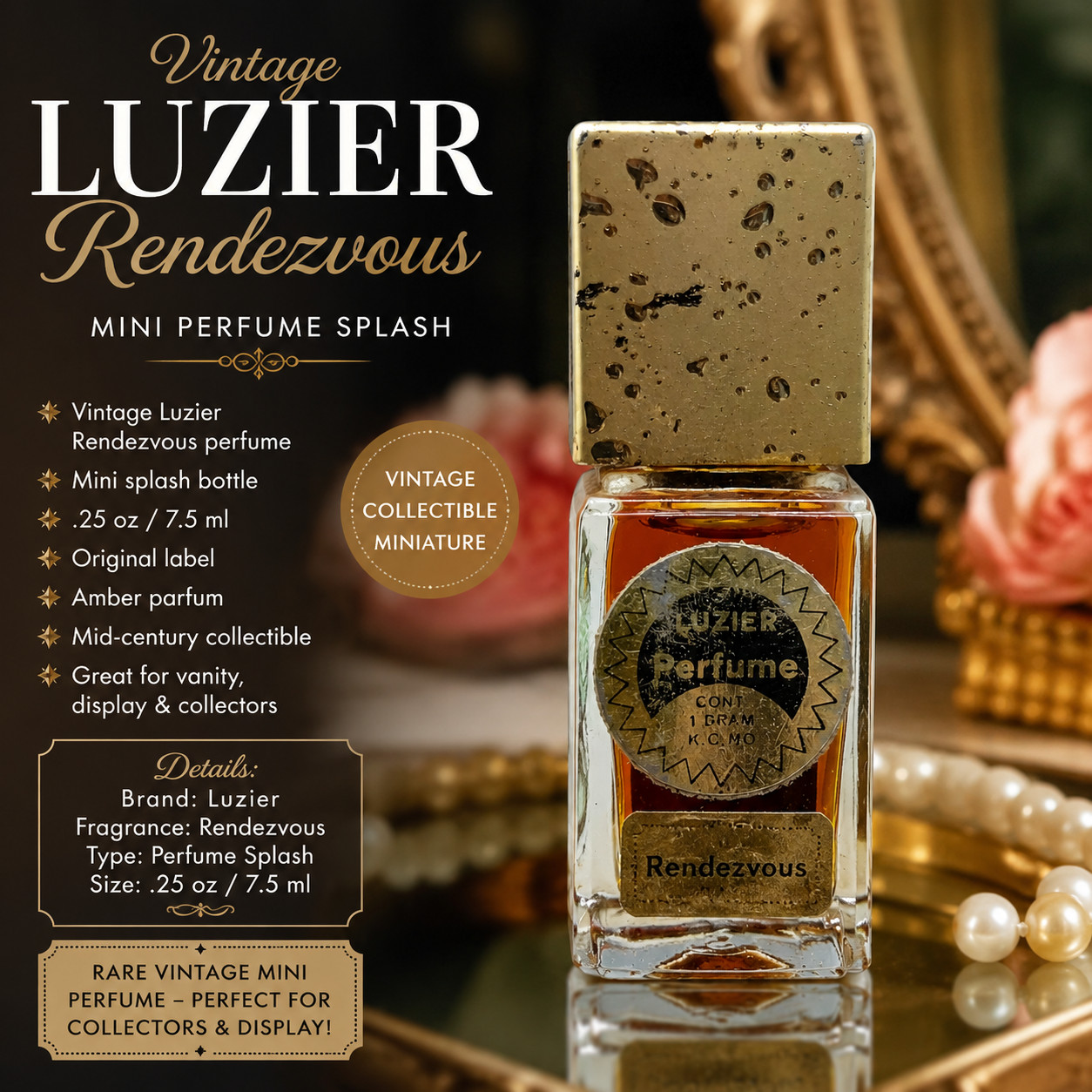 Vintage Luzier Rendezvous Perfume Mini Bottle .25 oz Retro Vanity Display