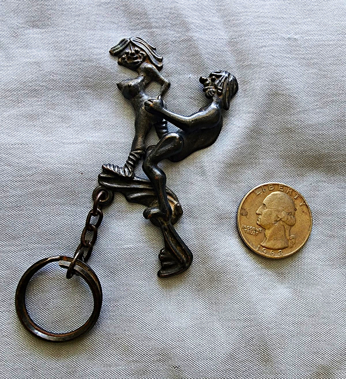 Vintage XXX Metal Novelty Pinup Couple Keychain Keyring