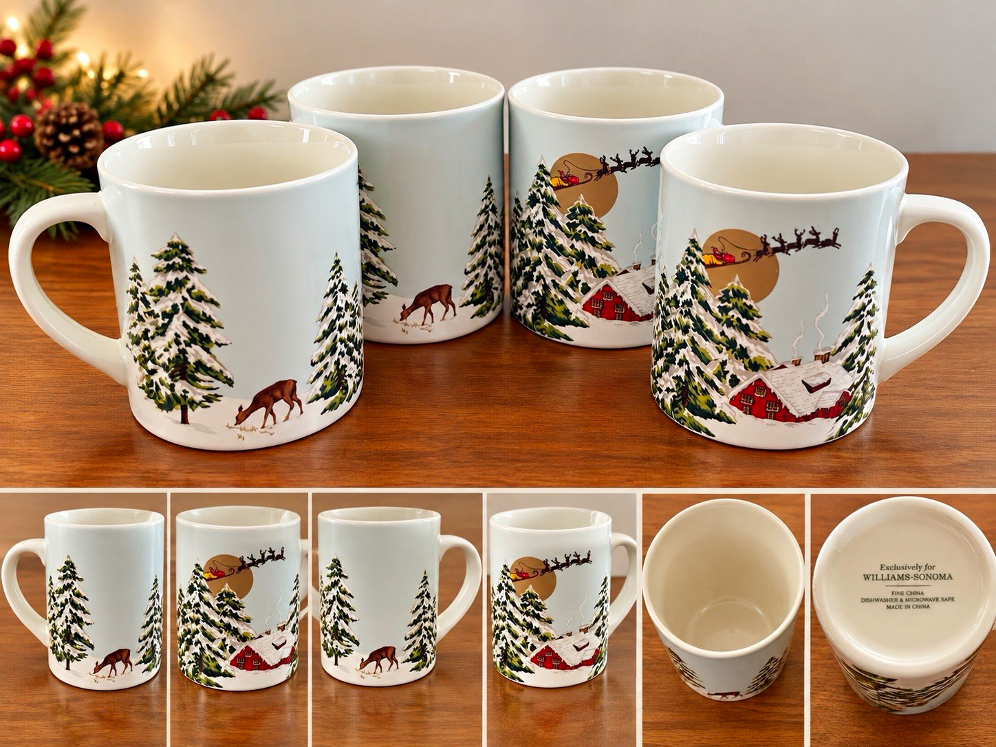 Williams-Sonoma Set of 4 Fine China Coffee Mugs Microwave/DW Safe Christmas