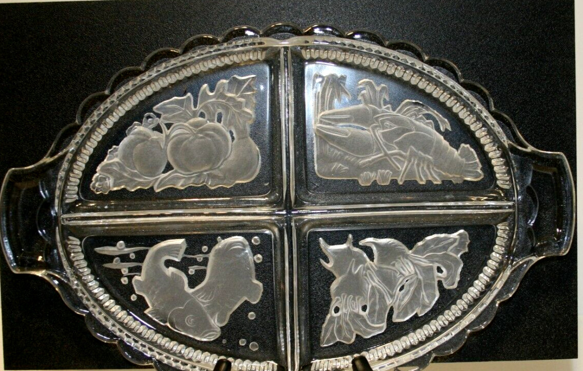 Divided Glass Relish Tray Heavily Etched Frosted Oval Crudite Serving Plate Dish