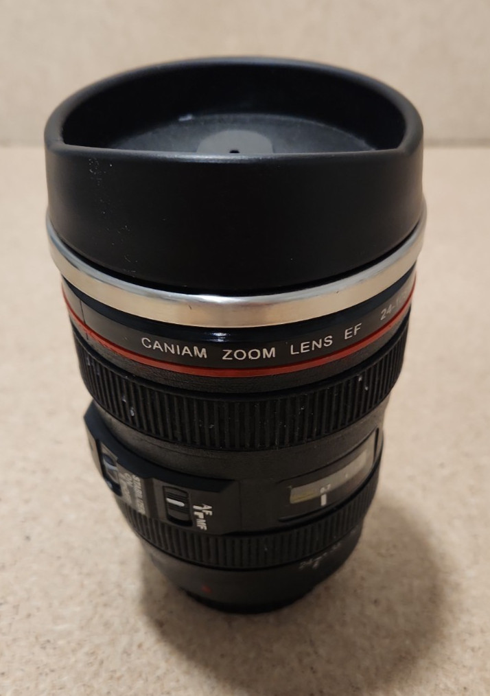 CANIAM (Canon) Camera Lens Travel Coffee Mug Cup with slide lock lid. 12oz.