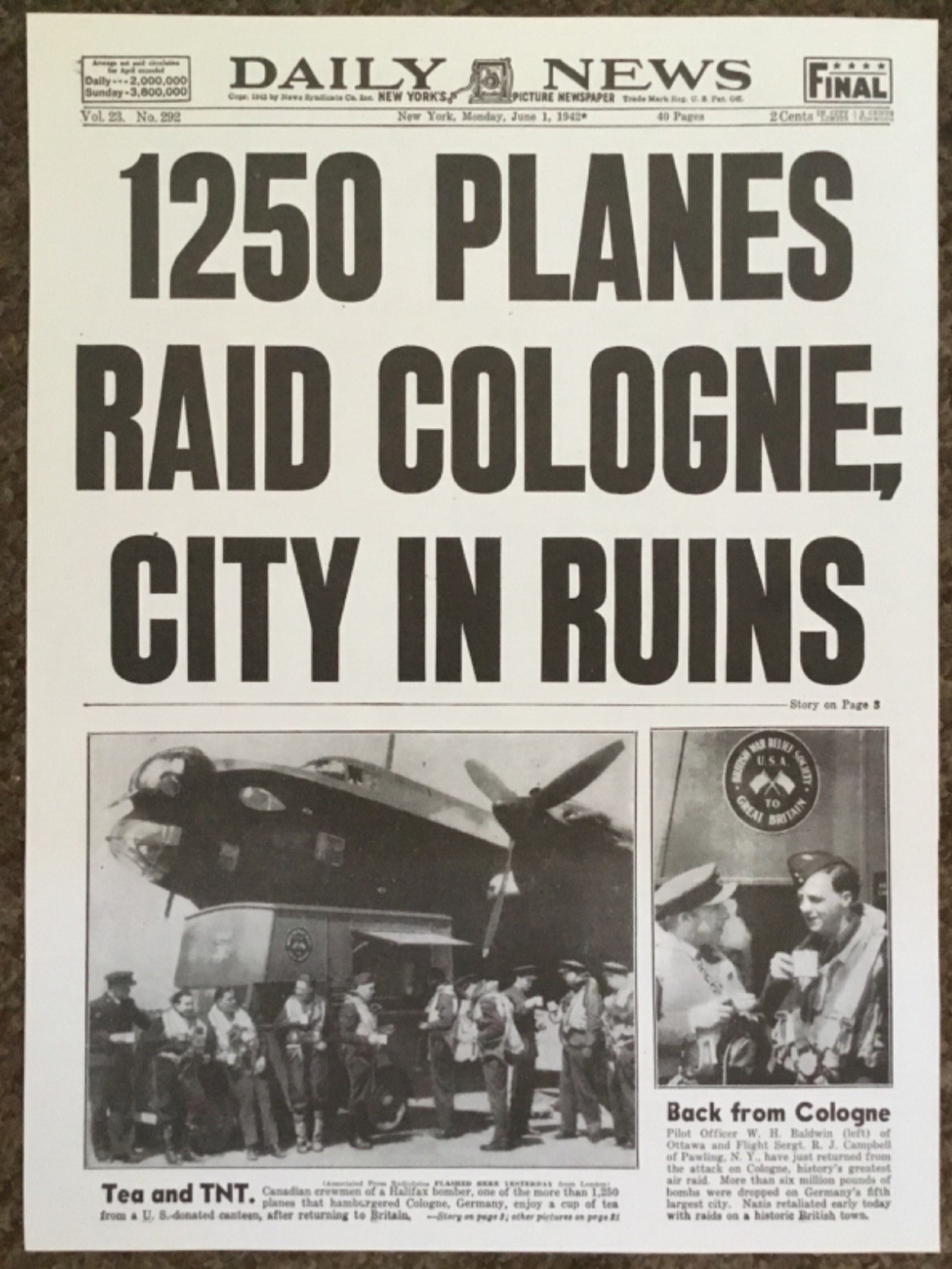 WW2 1942 NEWSPAPER/POSTER 1 PAGE(2 SIDED)1250 PLANES RAID COLOGNE, CITY IN RUINS