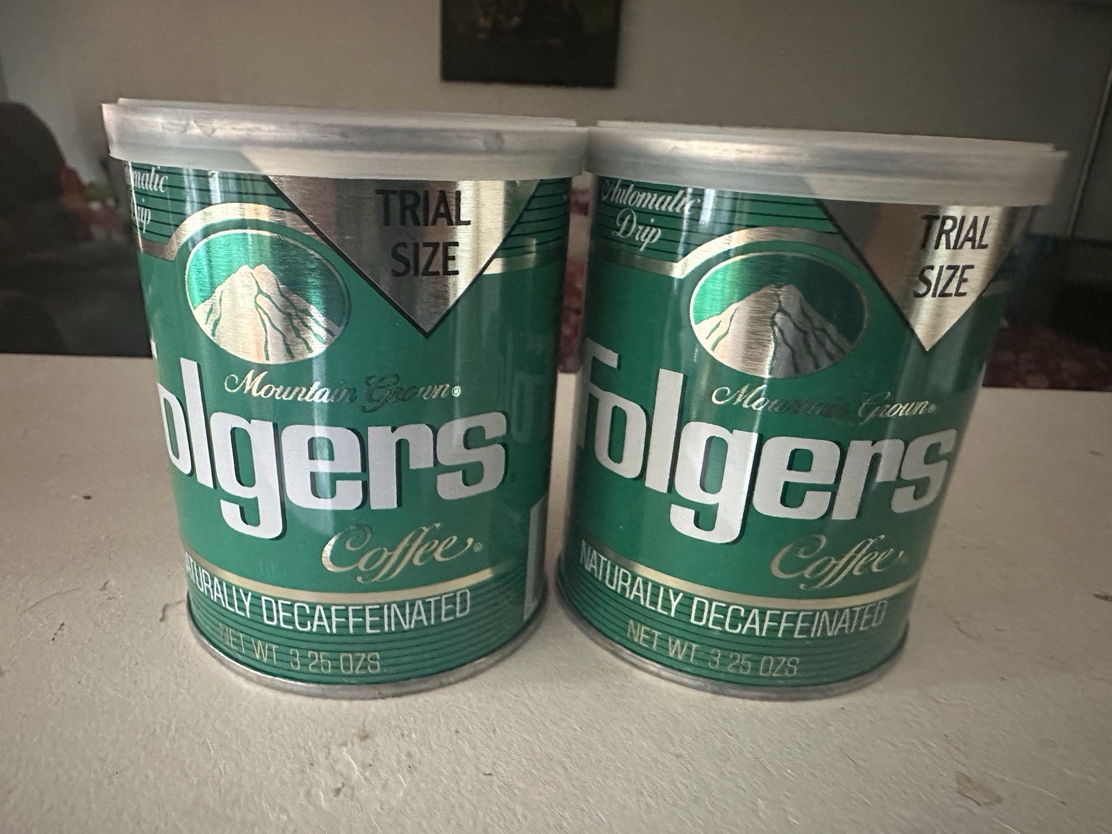 2 VNT Folgers 3.5 Oz Coffee Can Mountain Grown Aroma Roasted Decaf One Unopened