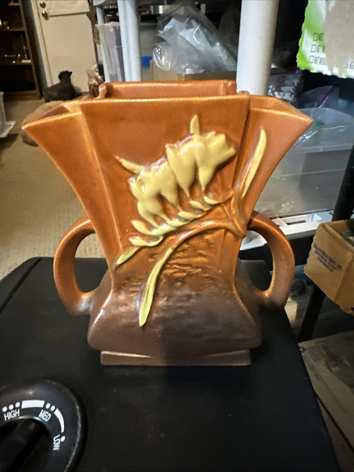 Roseville Freesia 200-7 Vase, Orange and Brown