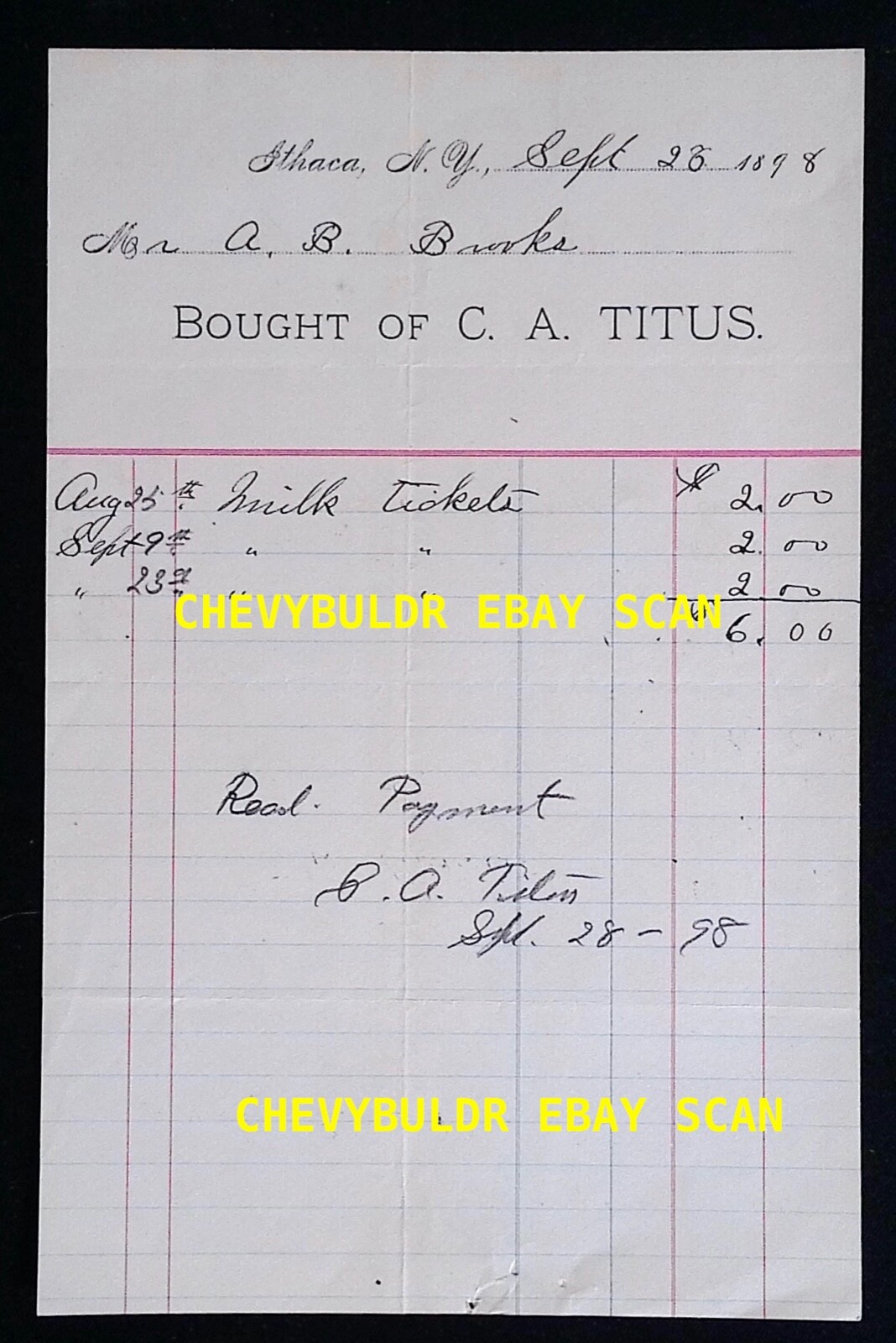 1898 Ithaca New York C. A. Titus Billing Invoice for Milk