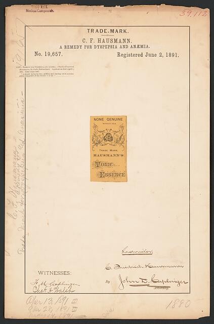 C F Hausmann Trademark 1891 Hausmann\'s Tonic Essence Dyspepsia Anaemia
