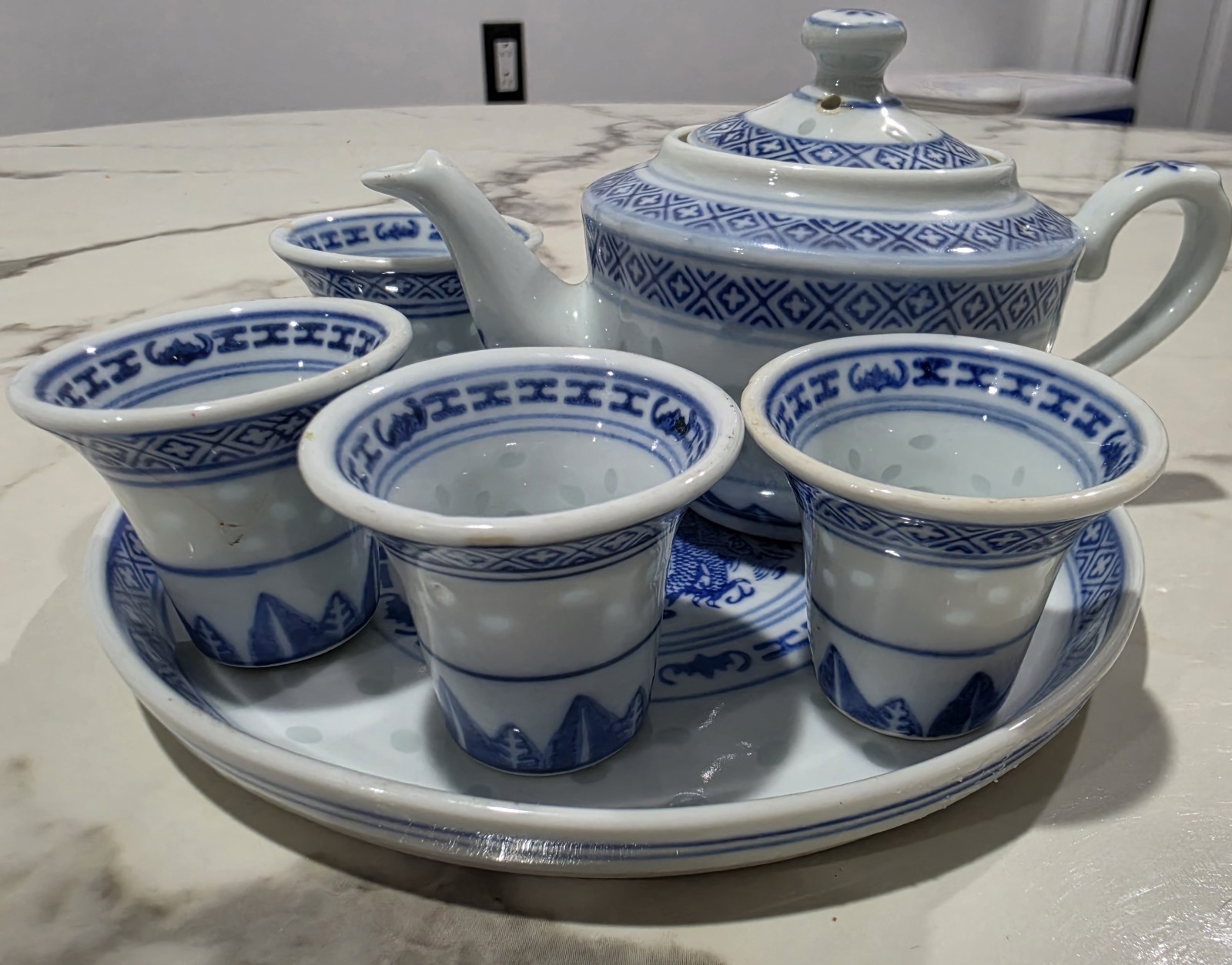 Vintage Blue and White Chinese Rice Dragon Grain Porcelain Mini Tea Set 7 Pieces