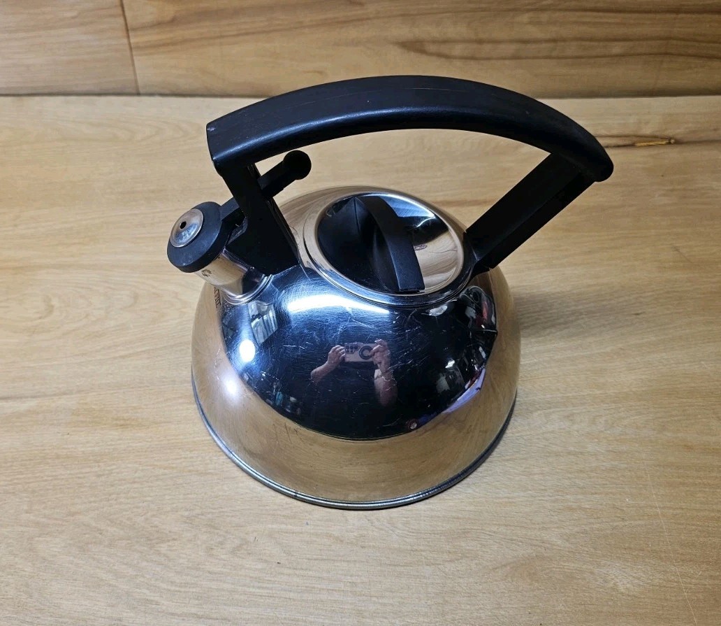 Vintage Copco 1014 Whistling Tea Kettle Pot Stainless Steel Copper Bottom