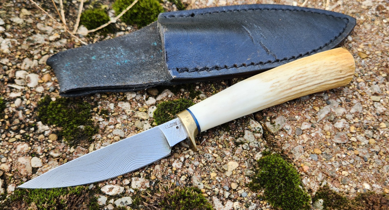 Kelgin Damascus Custom Utility Rare Ken Largin USA Knife Stag 1990s Leather Case