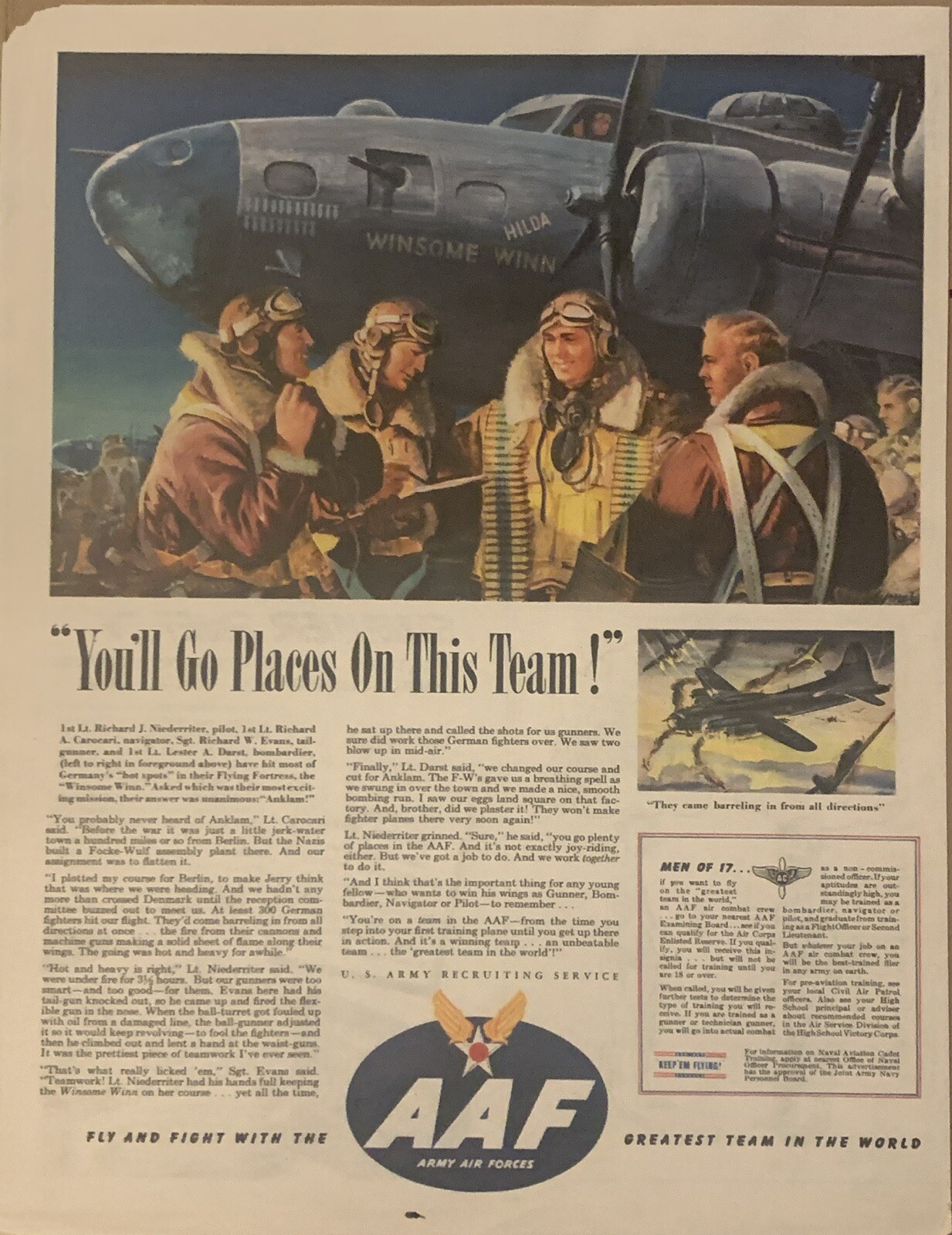 1944 US Air Force PRINT AD Flying Fortress WWII Winsome Winn Anklam VTG 1940s